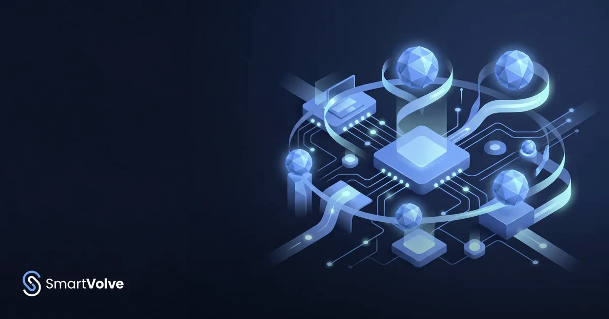 Navy background with the text 'A team of AI agents for small businesses' and a network of connected nodes representing the agents, SmartVolve mark bottom-left