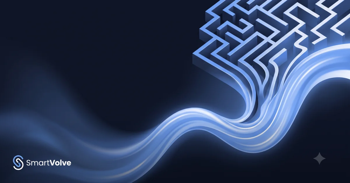 Visual comparison between rigid IVR (geometric decision tree) and fluid voice AI (continuous curved line), separated by a central blue line