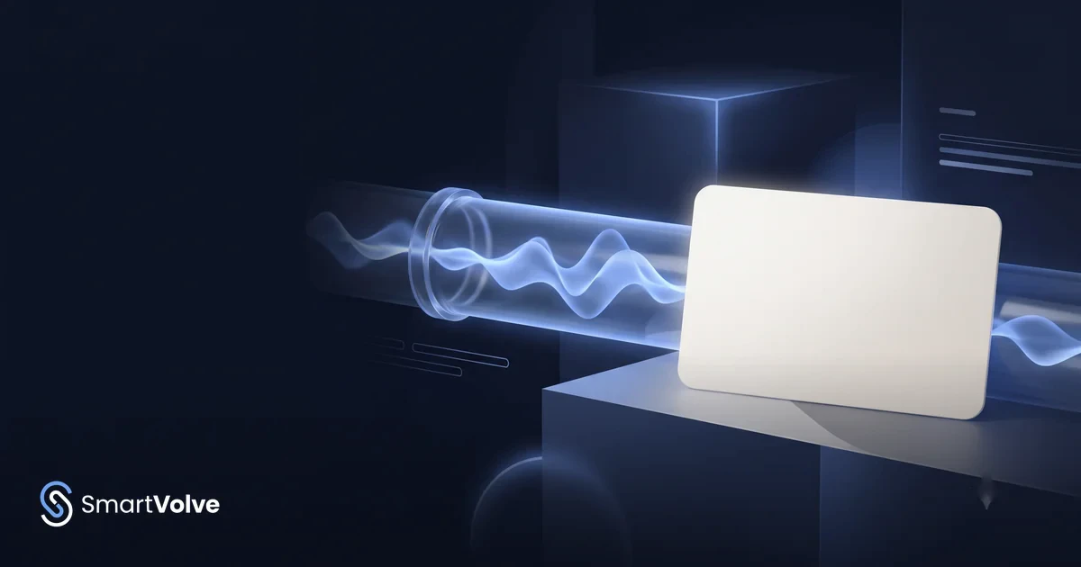 A soundwave traveling through a glowing glass pipeline ending in a softly lit appointment card on a navy background