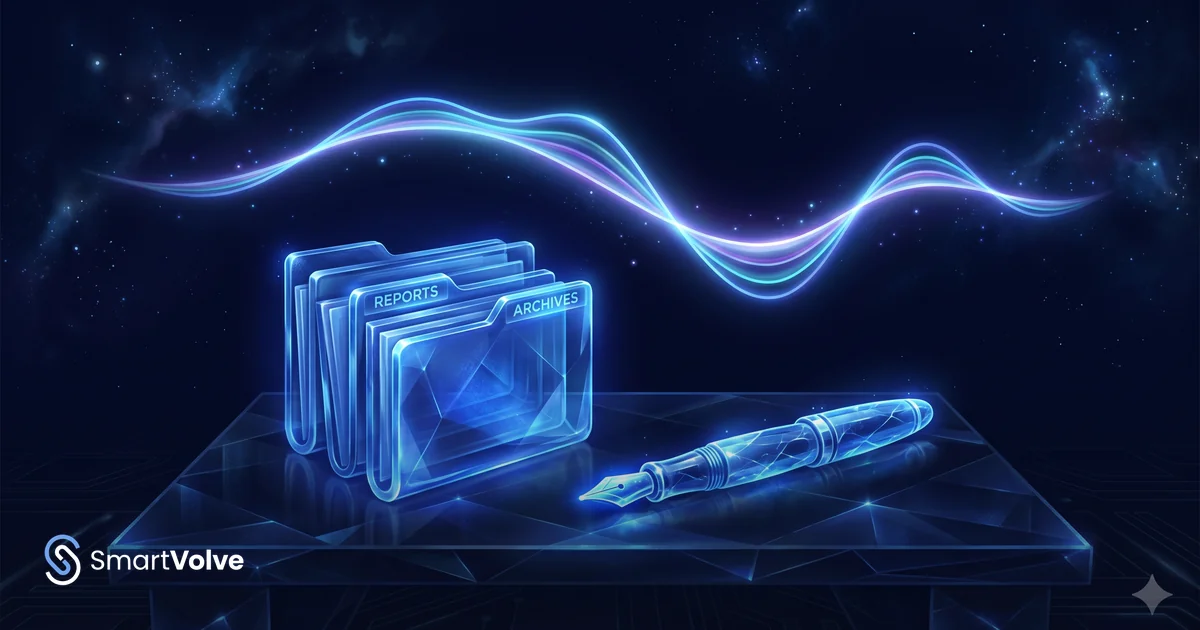 Five professional documents fanned out with a blue voice waveform on the top sheet